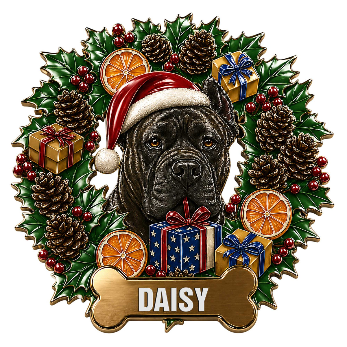 English Mastiff metal sign with Santa hat, holiday wreath, gifts, pinecones, and holly berries