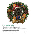 English Mastiff Christmas metal sign shown in a cut-metal product feature guide