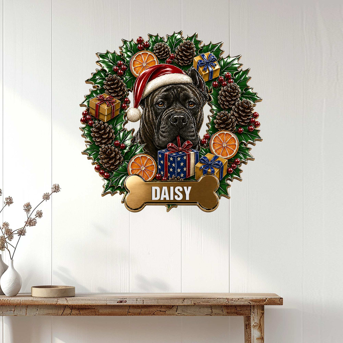 English Mastiff holiday wall sign displayed on a white paneled wall above a console table