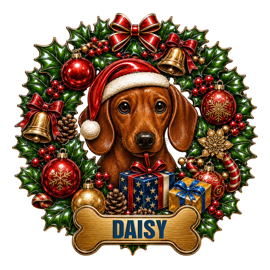 Custom Christmas Dachshund metal sign featuring a Santa hat, holly wreath, ornaments, gifts, and bone-shaped design