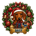 Custom Christmas Dachshund metal sign featuring a Santa hat, holly wreath, ornaments, gifts, and bone-shaped design