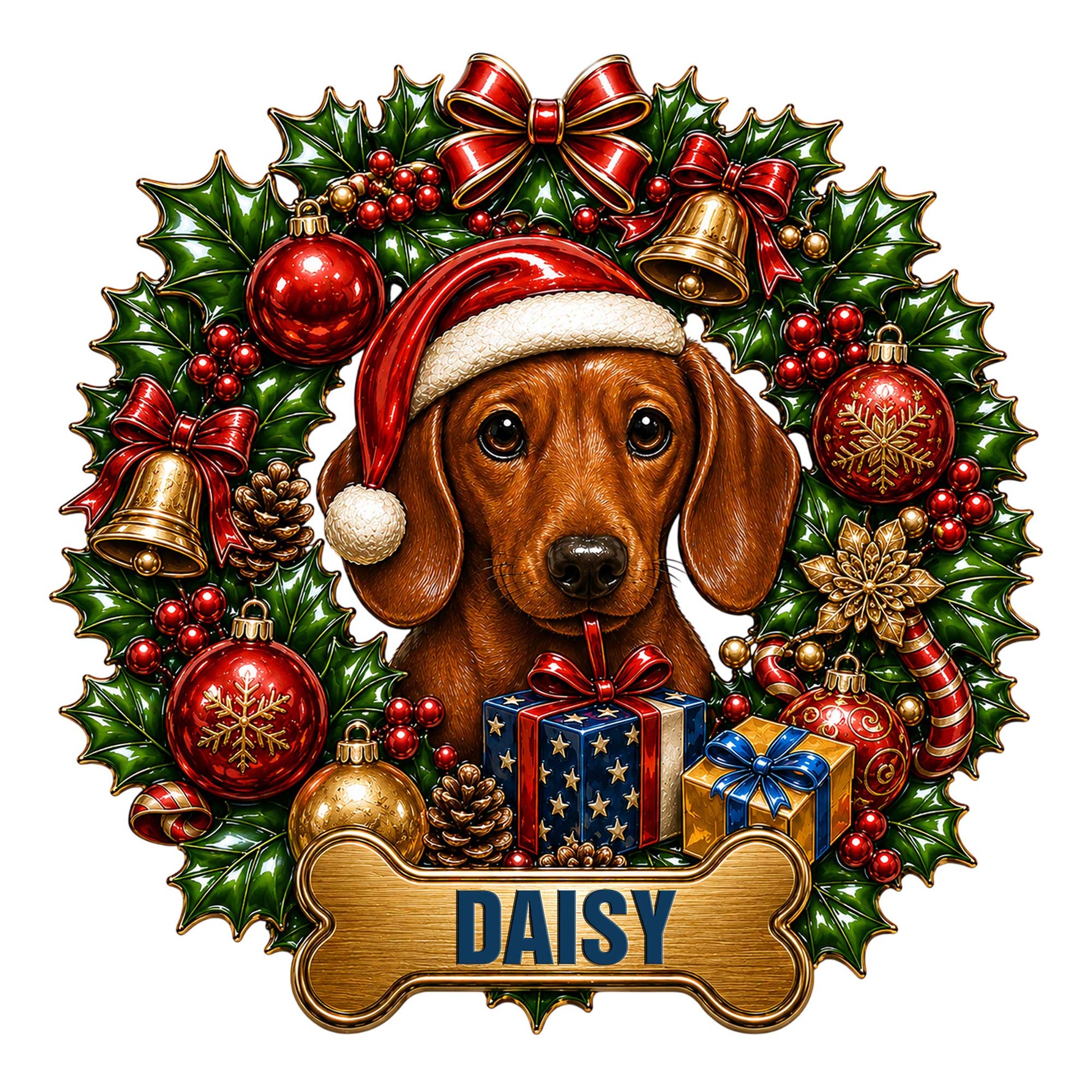 Custom Christmas Dachshund metal sign featuring a Santa hat, holly wreath, ornaments, gifts, and bone-shaped design