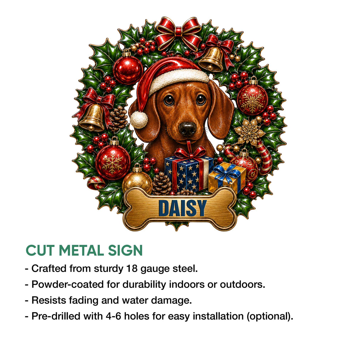 Christmas Dachshund metal sign feature graphic showing the cut metal design and available size options