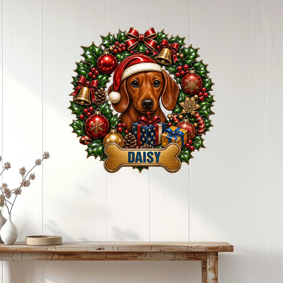 Christmas Dachshund wall sign displayed on a white paneled wall above a console table
