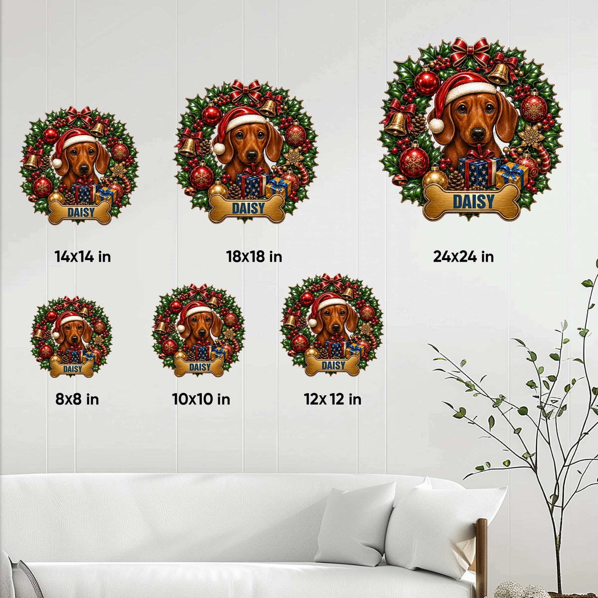 Dachshund Christmas sign size guide showing six square size options styled on a living room wall