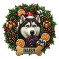 Custom Christmas husky metal sign featuring a blue-eyed husky in a Santa hat with gifts and greenery