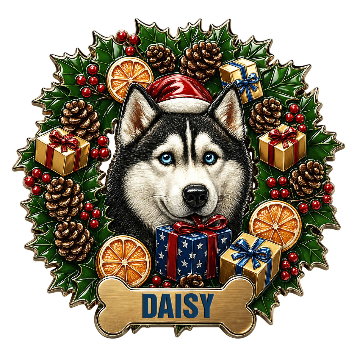 Custom Christmas husky metal sign featuring a blue-eyed husky in a Santa hat with gifts and greenery
