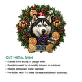 Christmas husky metal sign shown with product feature details for indoor or outdoor display
