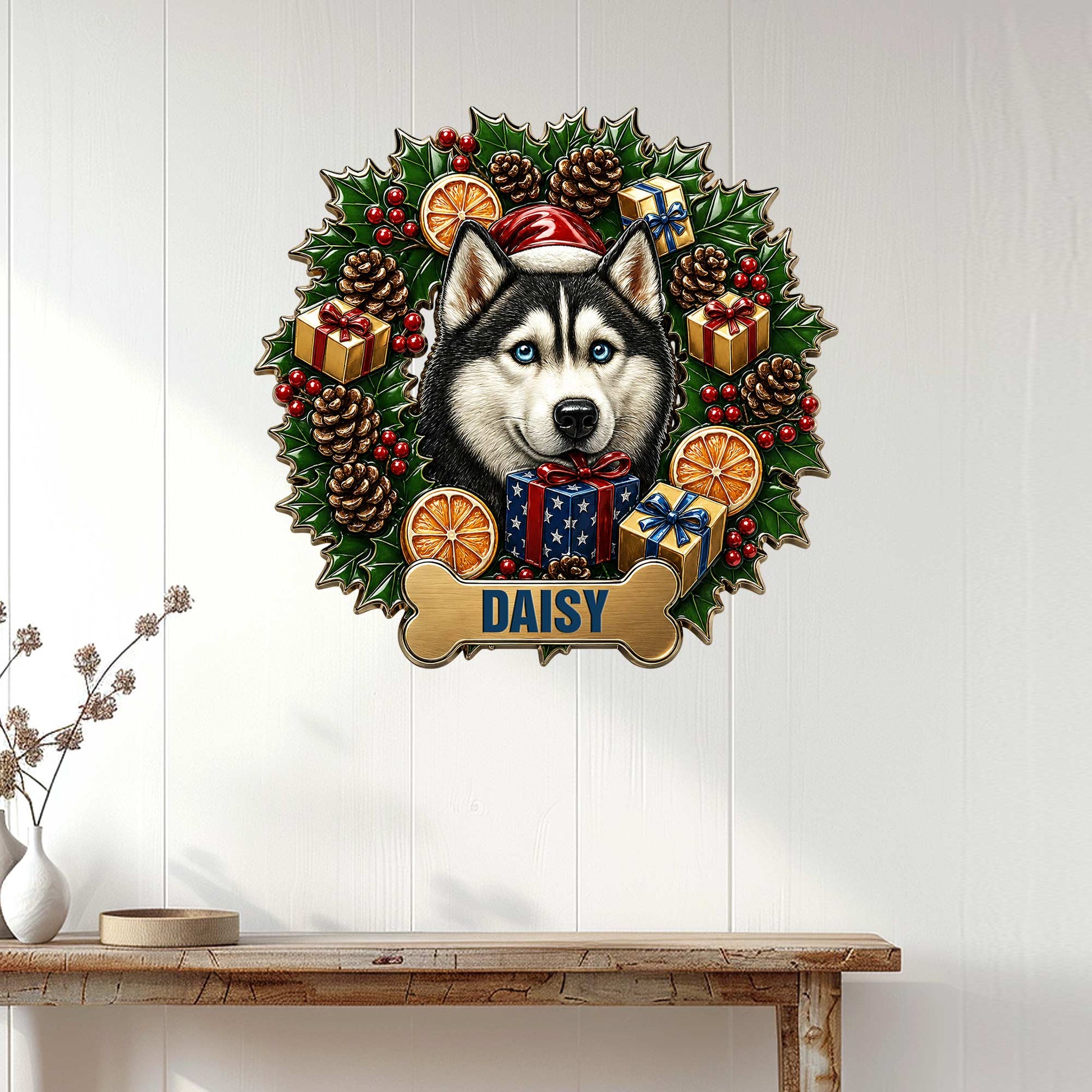 Christmas husky wall sign displayed above a console table in a bright home entryway