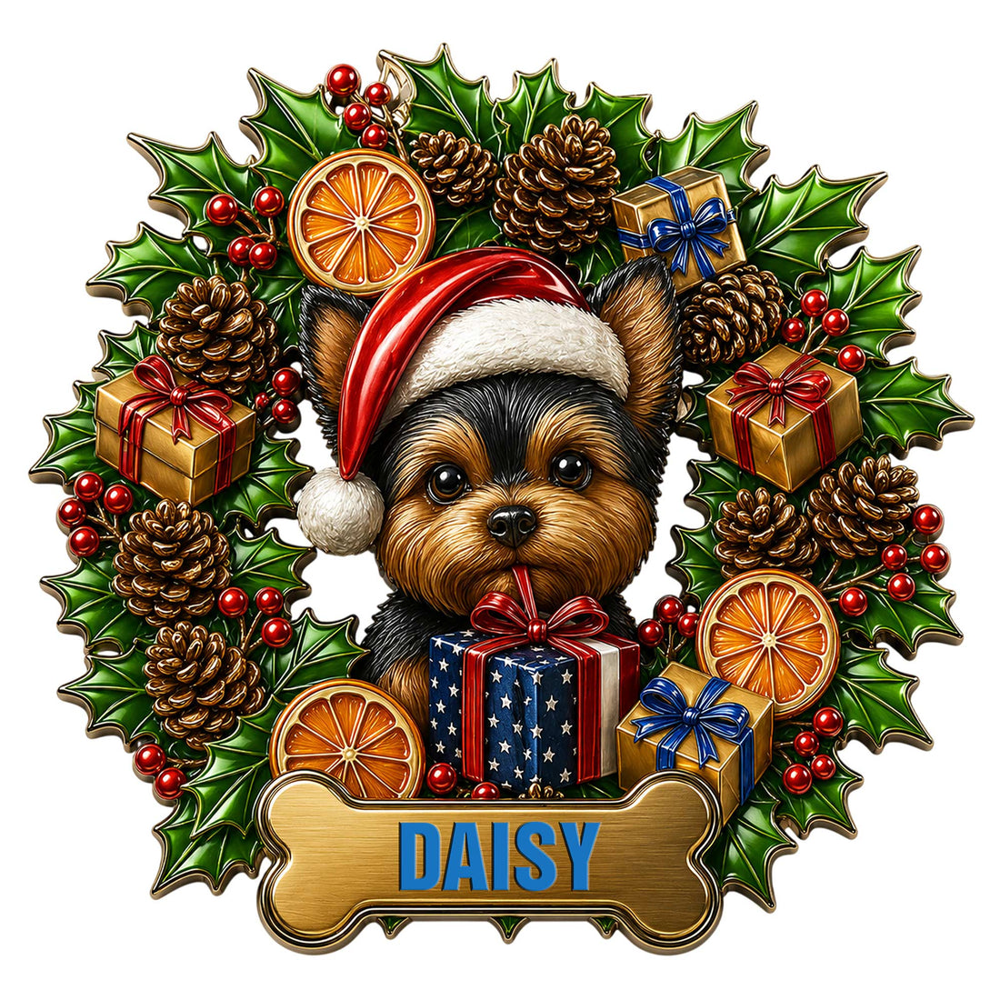 Christmas Yorkie metal sign featuring a festive dog in a Santa hat surrounded by gifts and holly