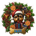 Christmas Yorkie metal sign featuring a festive dog in a Santa hat surrounded by gifts and holly