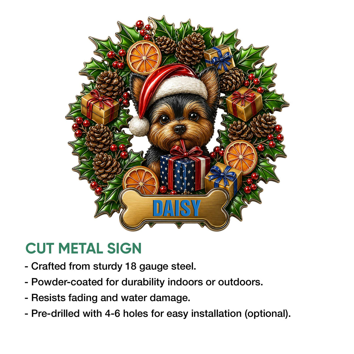 Yorkie Christmas metal sign feature graphic showing the festive dog artwork and product details