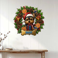 Festive Yorkie metal sign displayed as holiday wall decor above a wooden console table