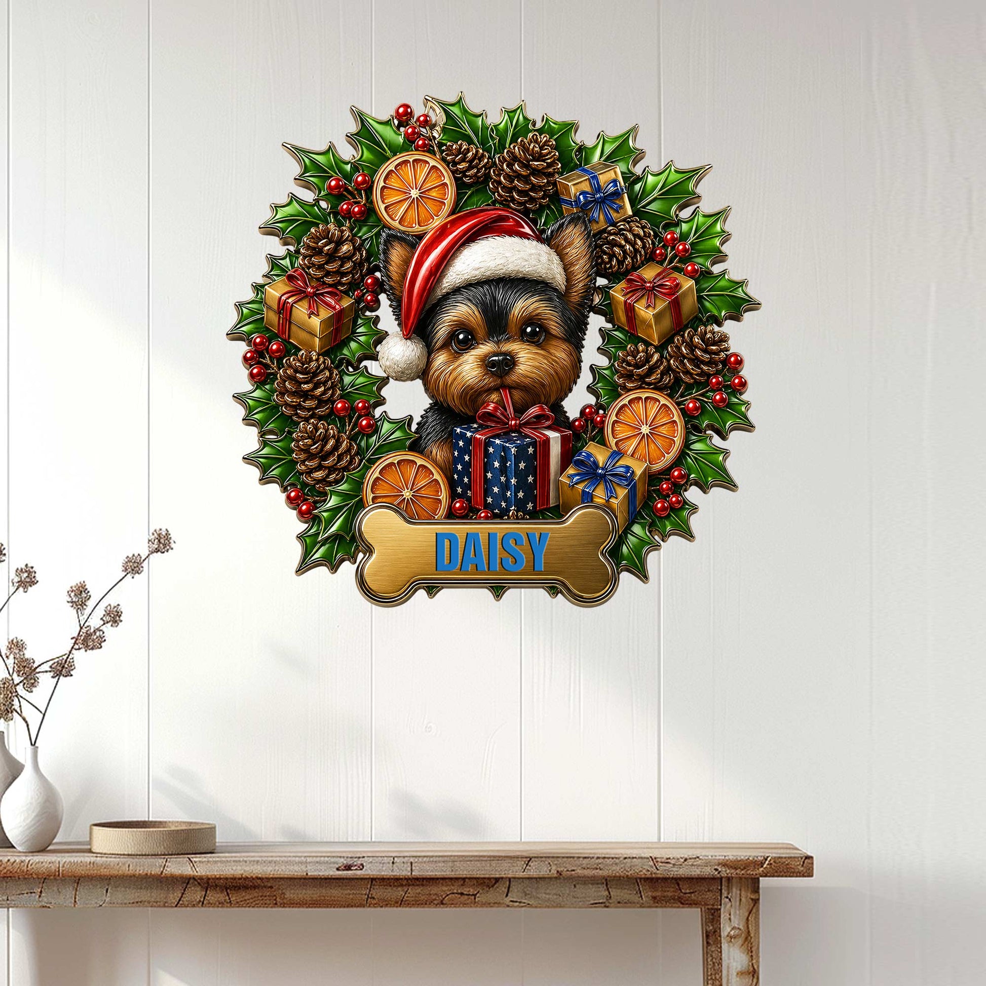 Festive Yorkie metal sign displayed as holiday wall decor above a wooden console table