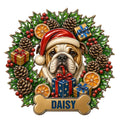 Custom English Bulldog metal sign featuring a Santa hat, holiday gifts, holly, berries, and pinecones