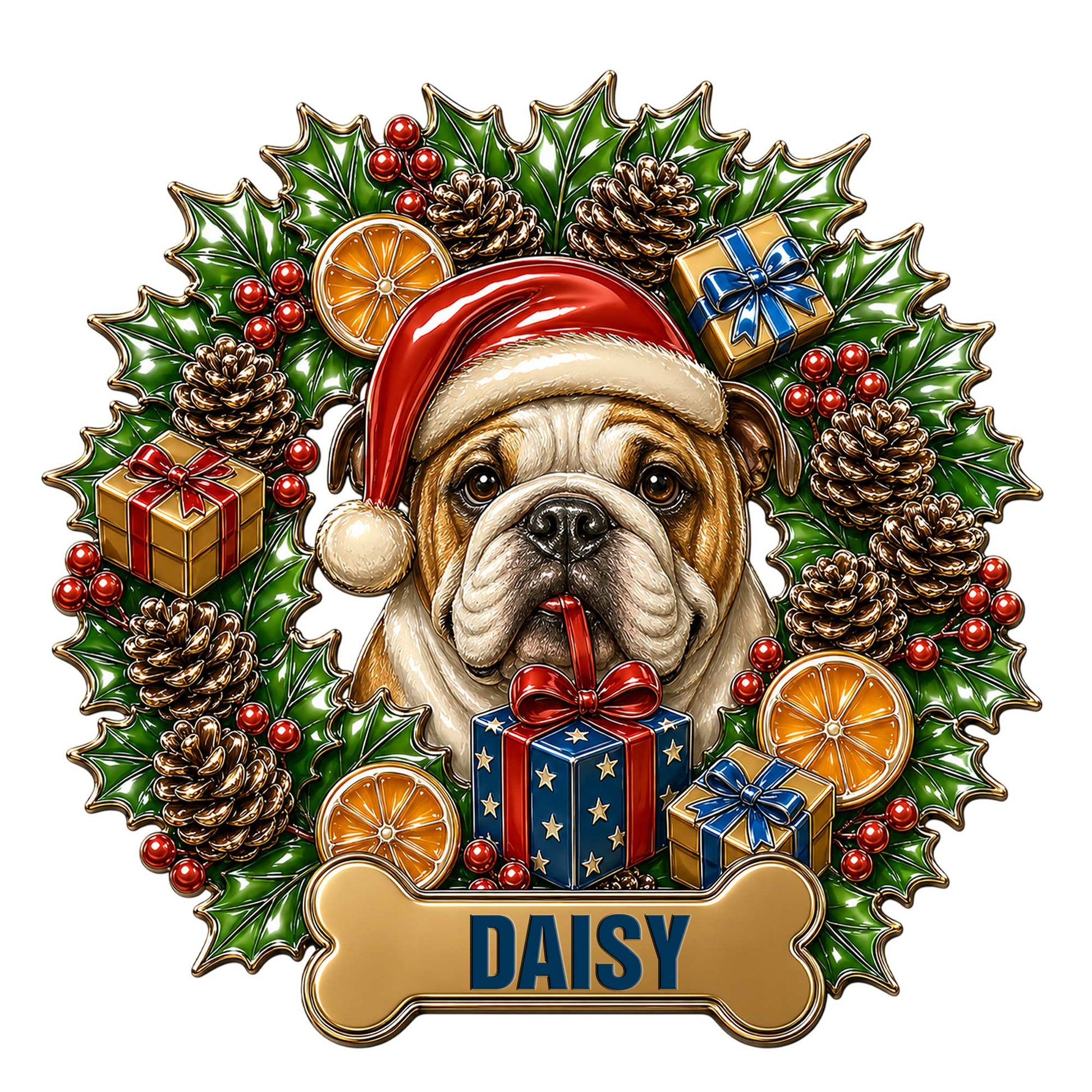 Custom English Bulldog metal sign featuring a Santa hat, holiday gifts, holly, berries, and pinecones