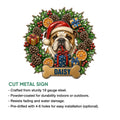 English Bulldog Christmas metal sign shown with product feature information and a festive holiday design