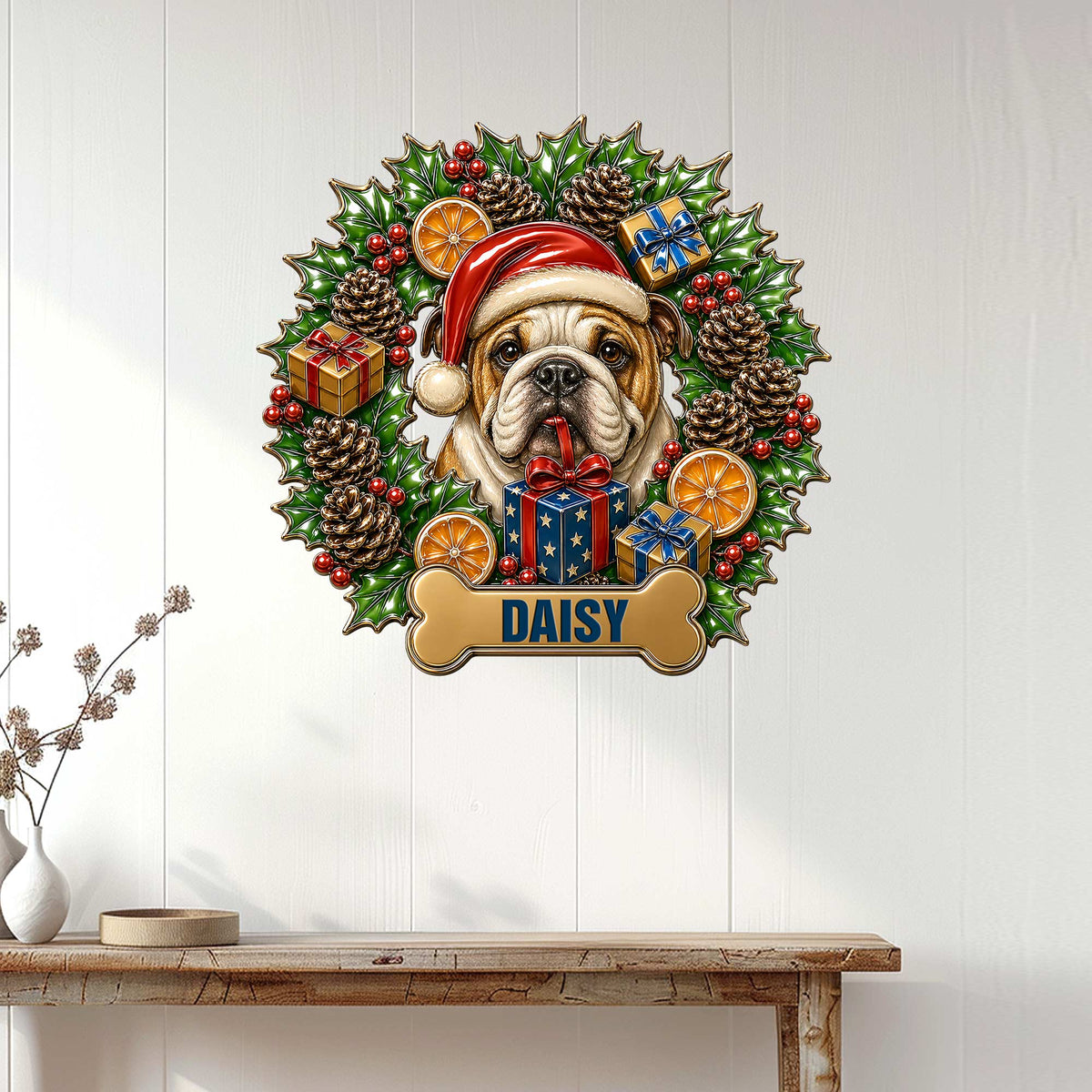 English Bulldog Christmas wall sign displayed above a console table in a bright home entryway