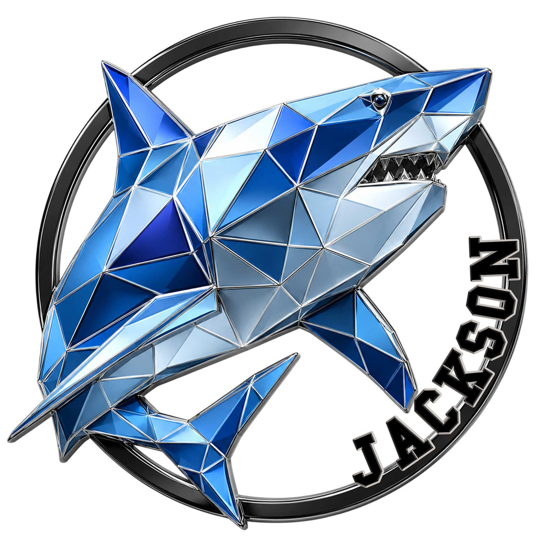 Custom geometric blue shark metal sign with bold low-poly artwork