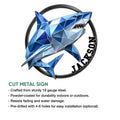 Blue low-poly shark metal sign shown with product feature details