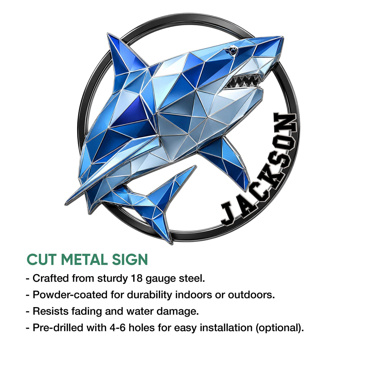 Blue low-poly shark metal sign shown with product feature details