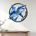 Geometric blue shark wall sign displayed on a bright paneled interior wall