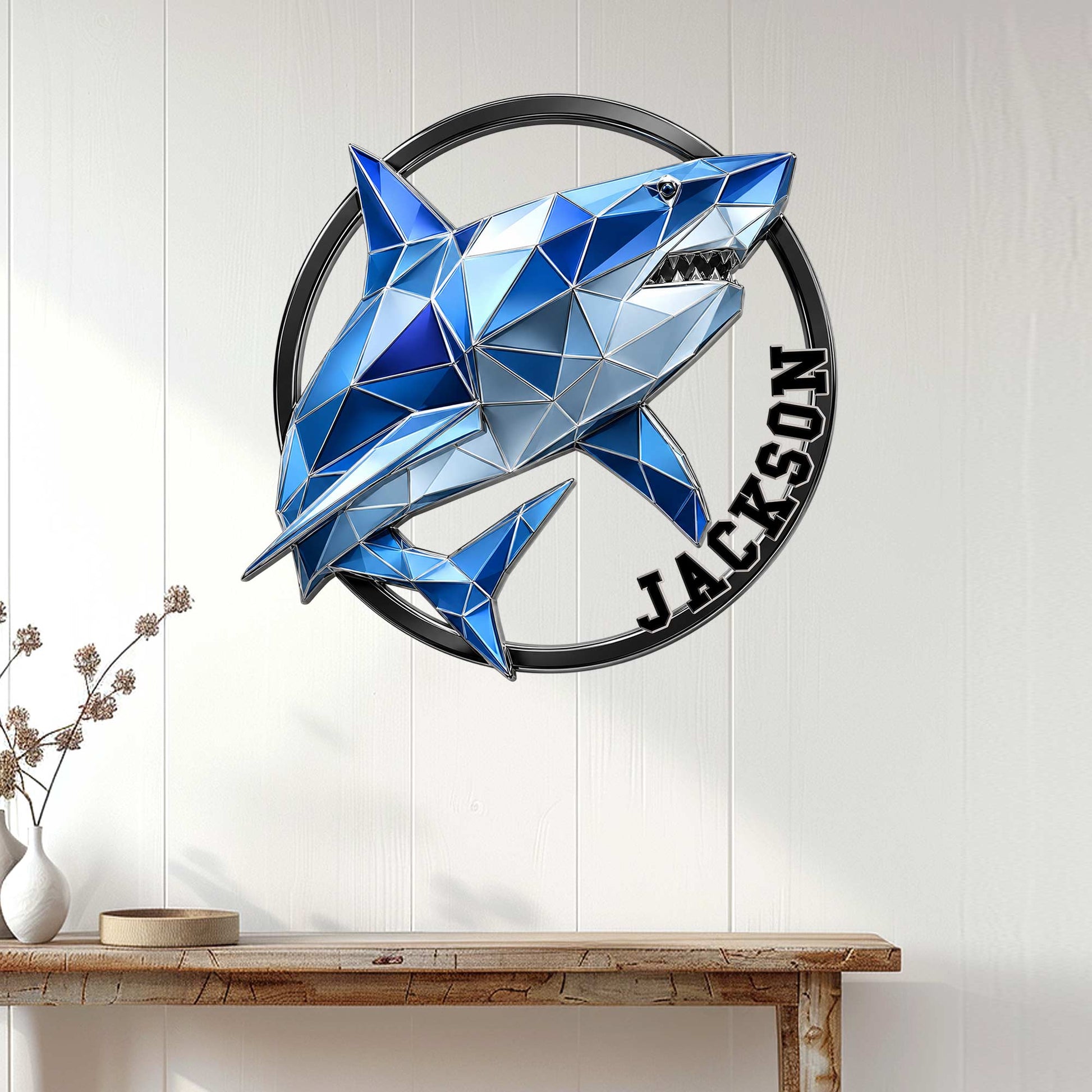 Geometric blue shark wall sign displayed on a bright paneled interior wall