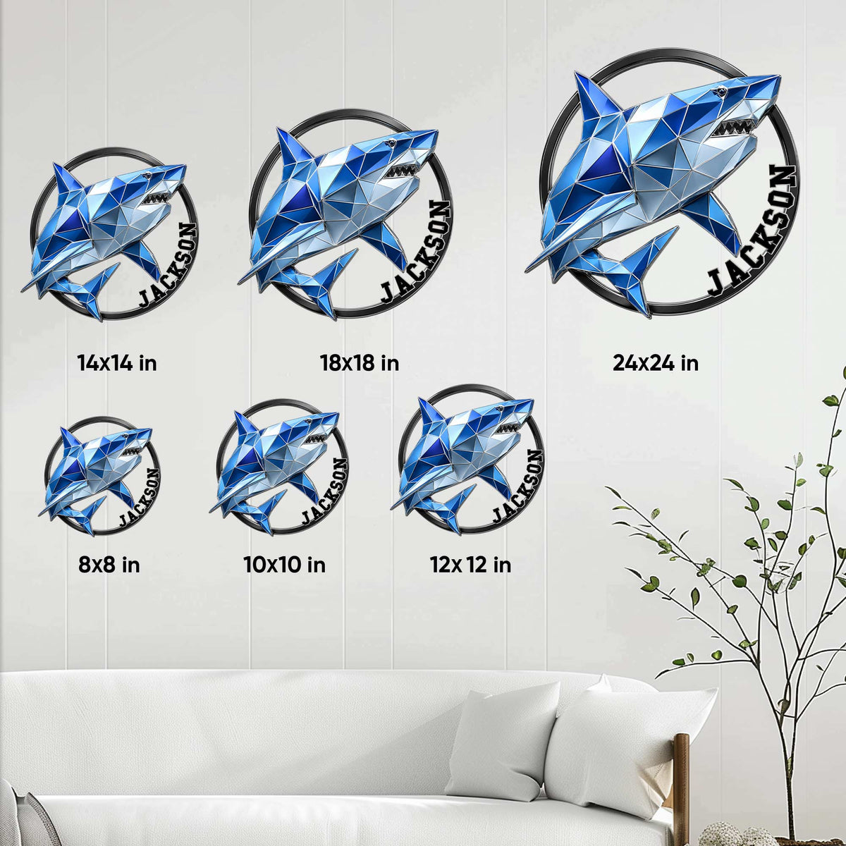 Shark metal sign size guide showing multiple square size options