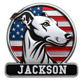 Custom greyhound metal sign featuring a sleek dog portrait over a red, white, and blue American flag backdrop
