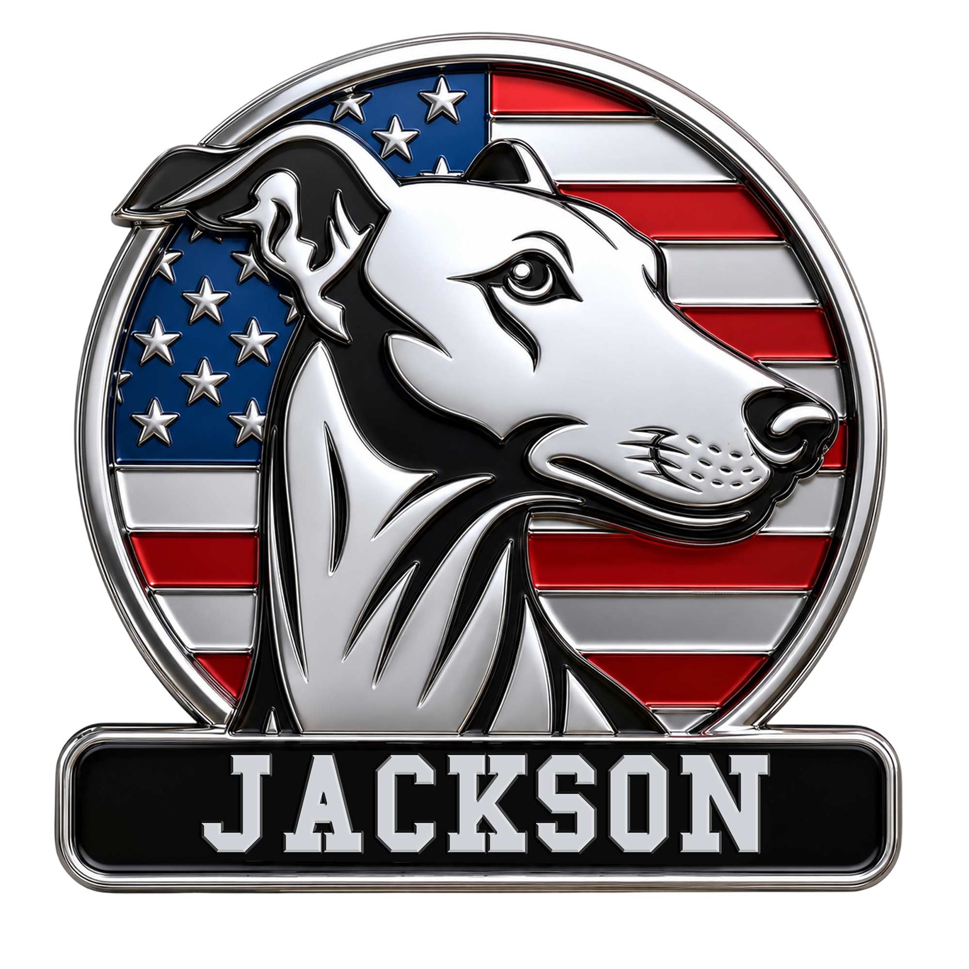 Custom greyhound metal sign featuring a sleek dog portrait over a red, white, and blue American flag backdrop