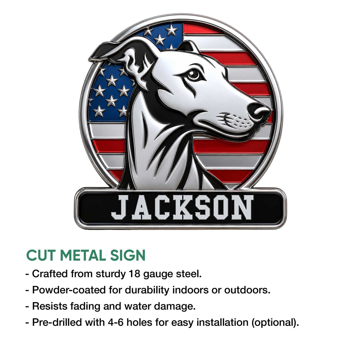 Greyhound metal sign product feature showing the patriotic dog artwork and cut-metal sign design