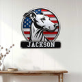 Patriotic greyhound wall sign displayed on a light paneled wall above a wooden console