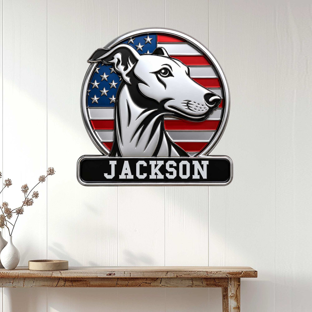 Patriotic greyhound wall sign displayed on a light paneled wall above a wooden console