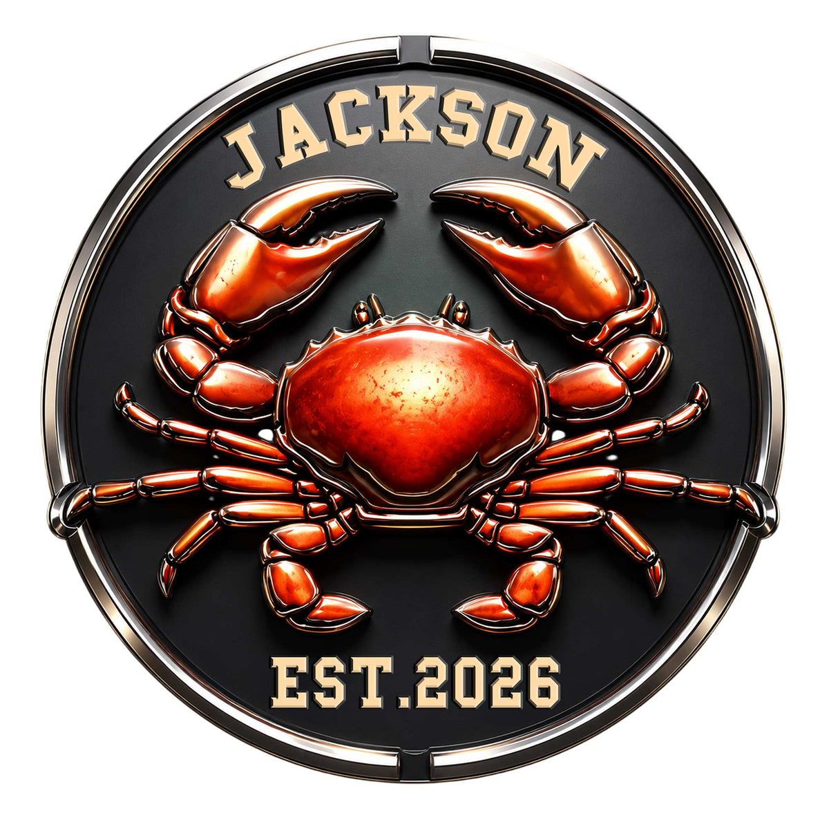 Custom crab metal sign featuring a glossy red crab on a black circular background with bold coastal styling