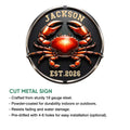 Crab metal sign product feature graphic showing the circular cut-metal design and indoor or outdoor decor use