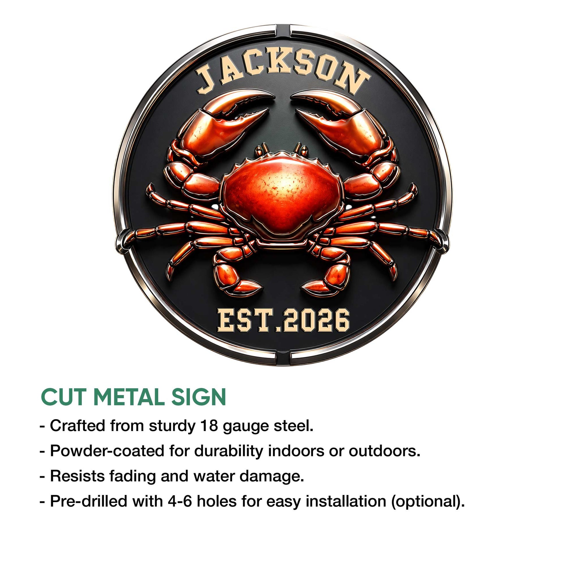 Crab metal sign product feature graphic showing the circular cut-metal design and indoor or outdoor decor use