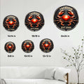 Crab metal sign size guide showing round design options from 8 by 8 inches to 24 by 24 inches