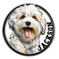 Close-up Havanese metal sign featuring a fluffy cream-and-white dog portrait within a bold circular border