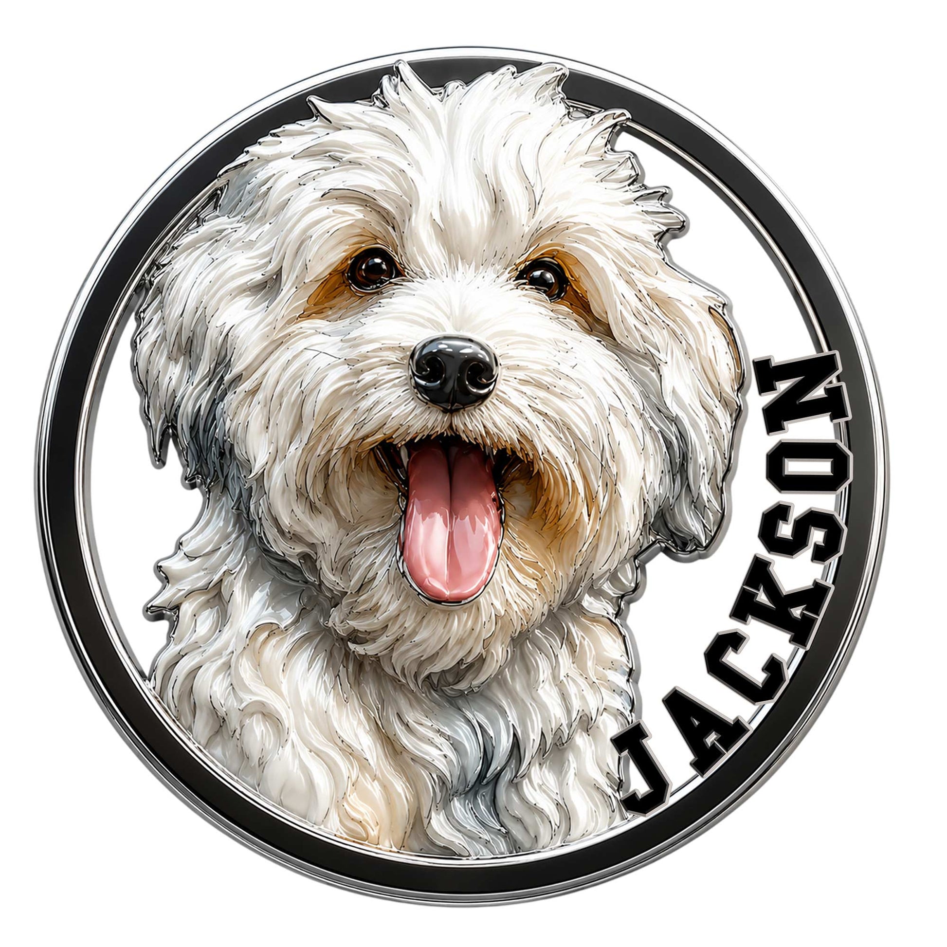 Close-up Havanese metal sign featuring a fluffy cream-and-white dog portrait within a bold circular border