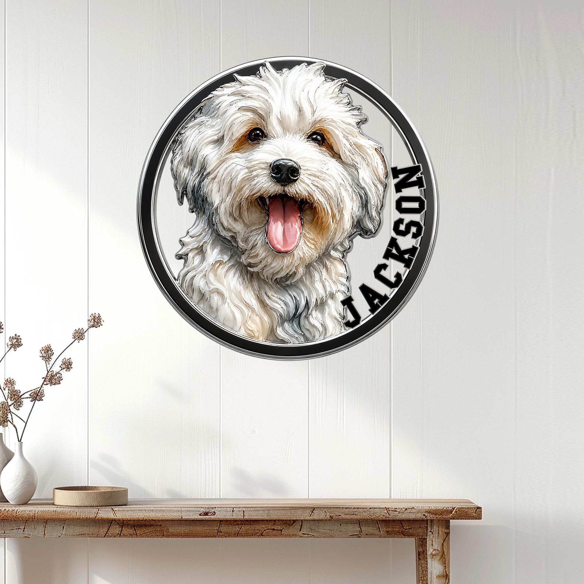 Havanese dog metal wall sign displayed above a wooden console in a bright home interior