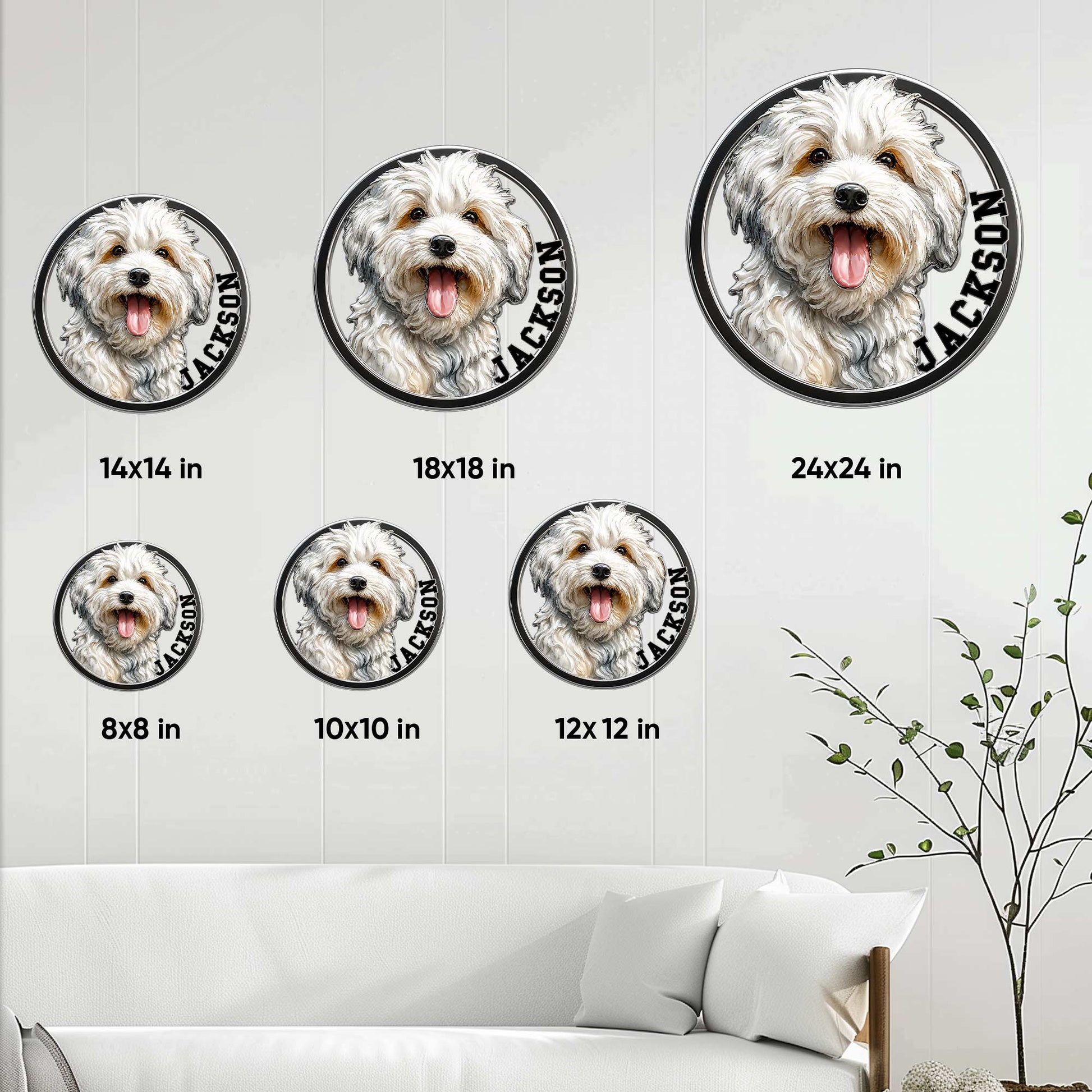 Havanese metal sign size guide showing round wall decor options from 8 by 8 to 24 by 24 inches