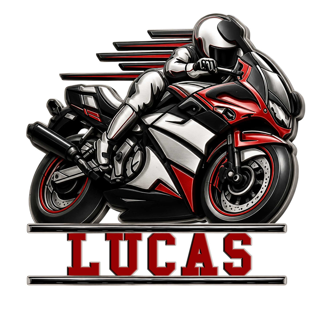 Custom motorcycle metal sign featuring a helmeted rider on a sleek red, black, and silver sportbike
