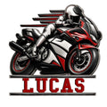 Custom motorcycle metal sign featuring a helmeted rider on a sleek red, black, and silver sportbike