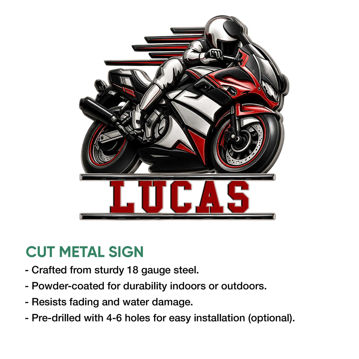 Sportbike metal wall sign shown with a cut-metal design and bold motorcycle artwork