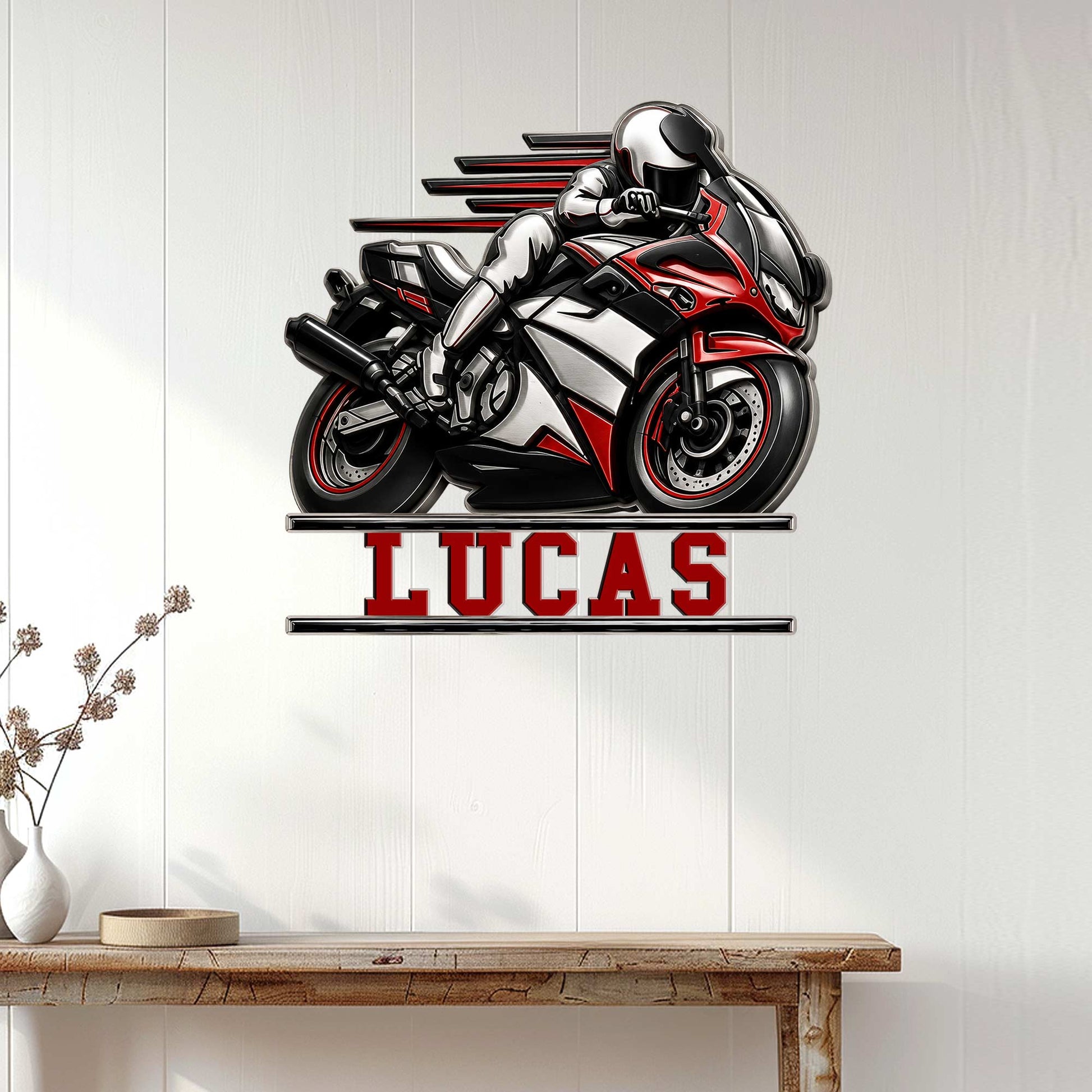 Motorcycle wall decor displayed above a console table in a bright modern home