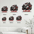 Motorcycle metal sign size guide showing six available square size options for wall display