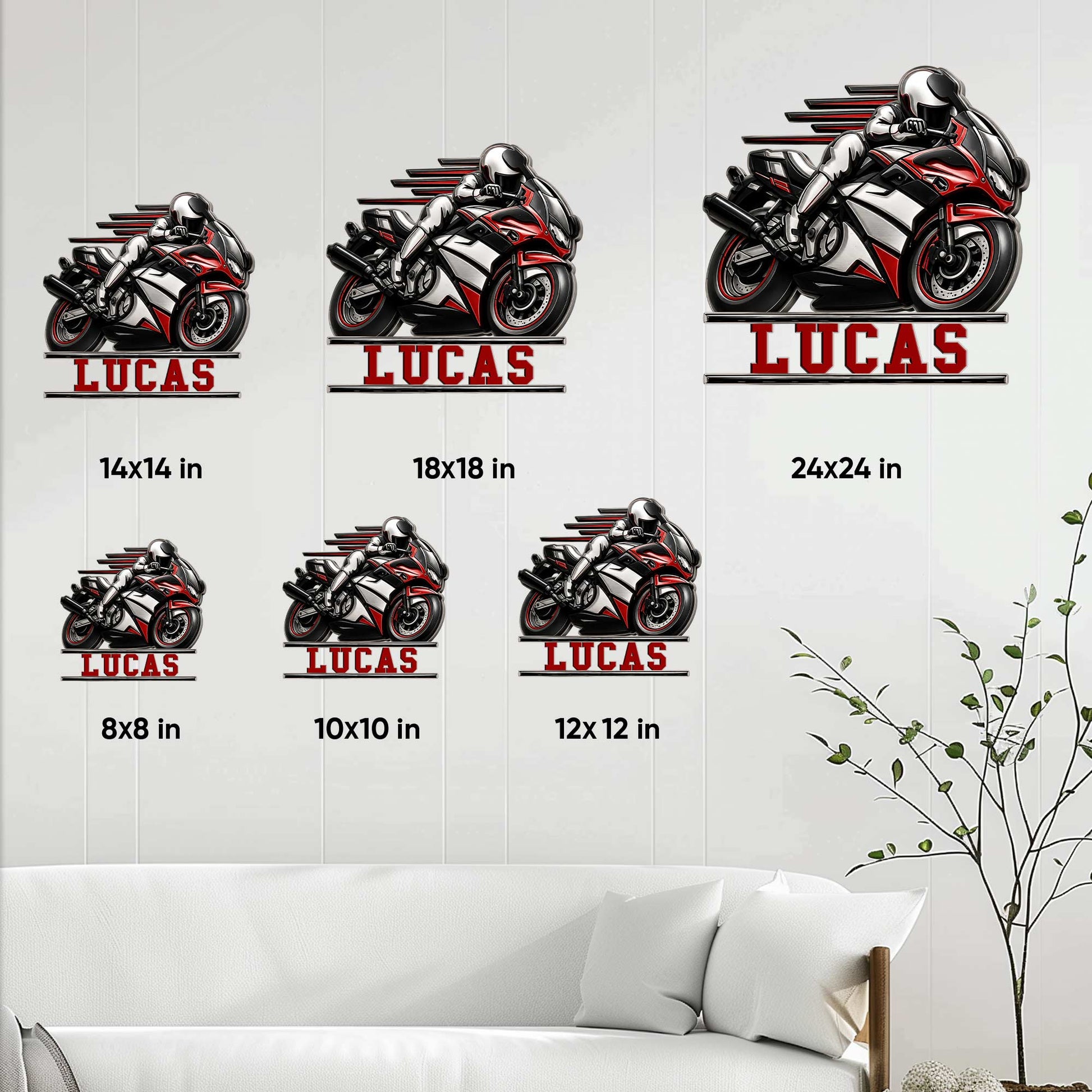 Motorcycle metal sign size guide showing six available square size options for wall display