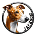 Detailed brown and white Greyhound portrait in a circular cut metal sign design