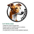 Greyhound cut metal sign shown with product feature information on a white background