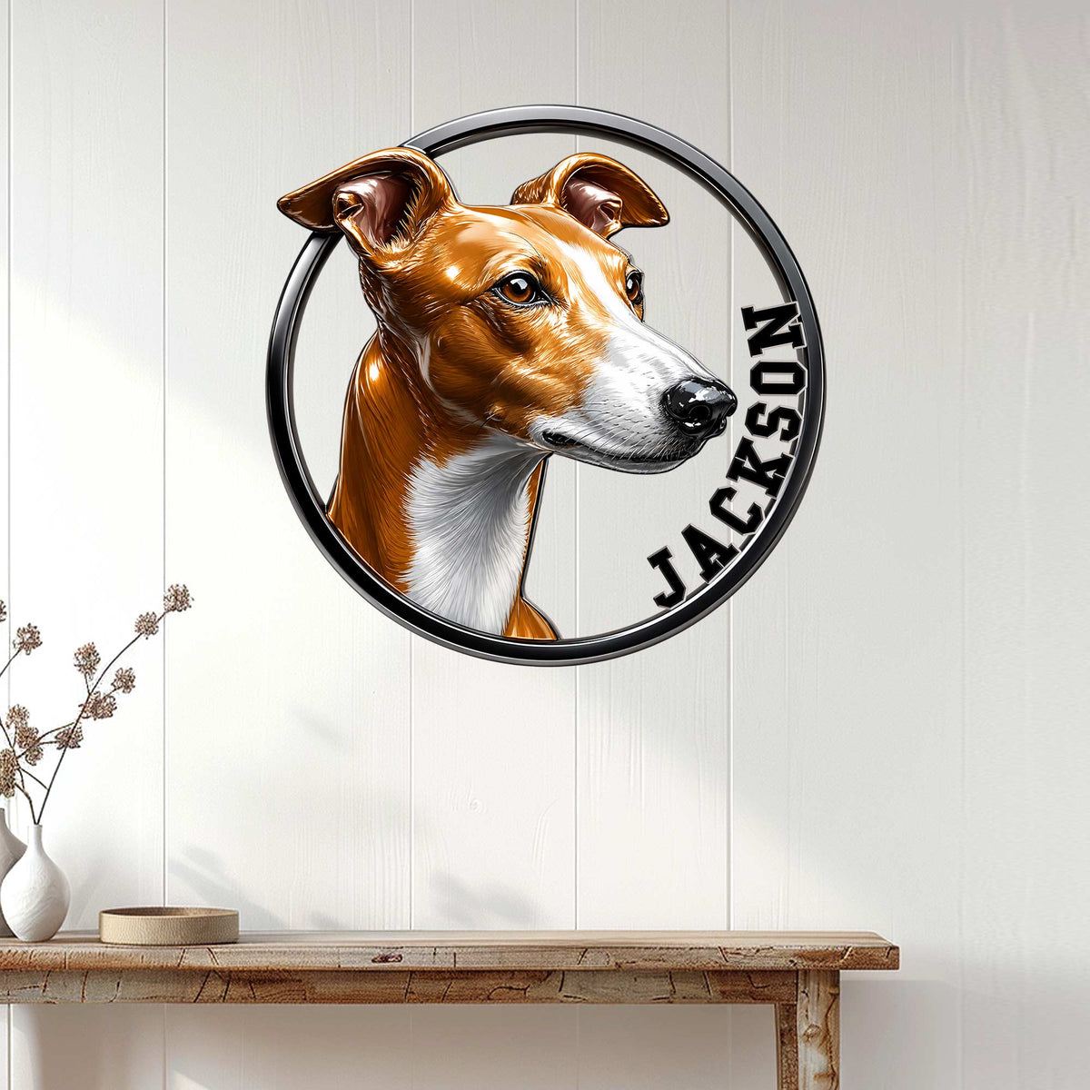 Circular Greyhound metal wall sign displayed above a console table in a bright home